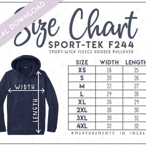 May include: Navy blue hooded pullover with a size chart. The chart lists sizes XS to 4XL, with corresponding width and length measurements in inches. The text "DIGITAL DOWNLOAD" is in the upper left corner.