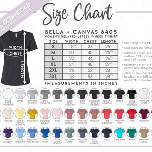 Bella + Canvas 6405 semieditable Tamaño + Tabla de colores • Incluye colores Heather y Triblend (6405CVC y 6415) • BC6405