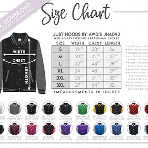 May include: Size chart for a men's heavyweight letterman jacket. The chart shows sizes S through 3XL with measurements in inches for width, chest, and length. The jacket is available in a variety of colors and styles, including heather grey and arctic white, charcoal and heather grey, jet black and arctic white, jet black and heather grey, jet black and charcoal, kelly green and arctic white, jet black and sun yellow, jet black and orange crush, fire red and arctic white, and jet black and fire red.