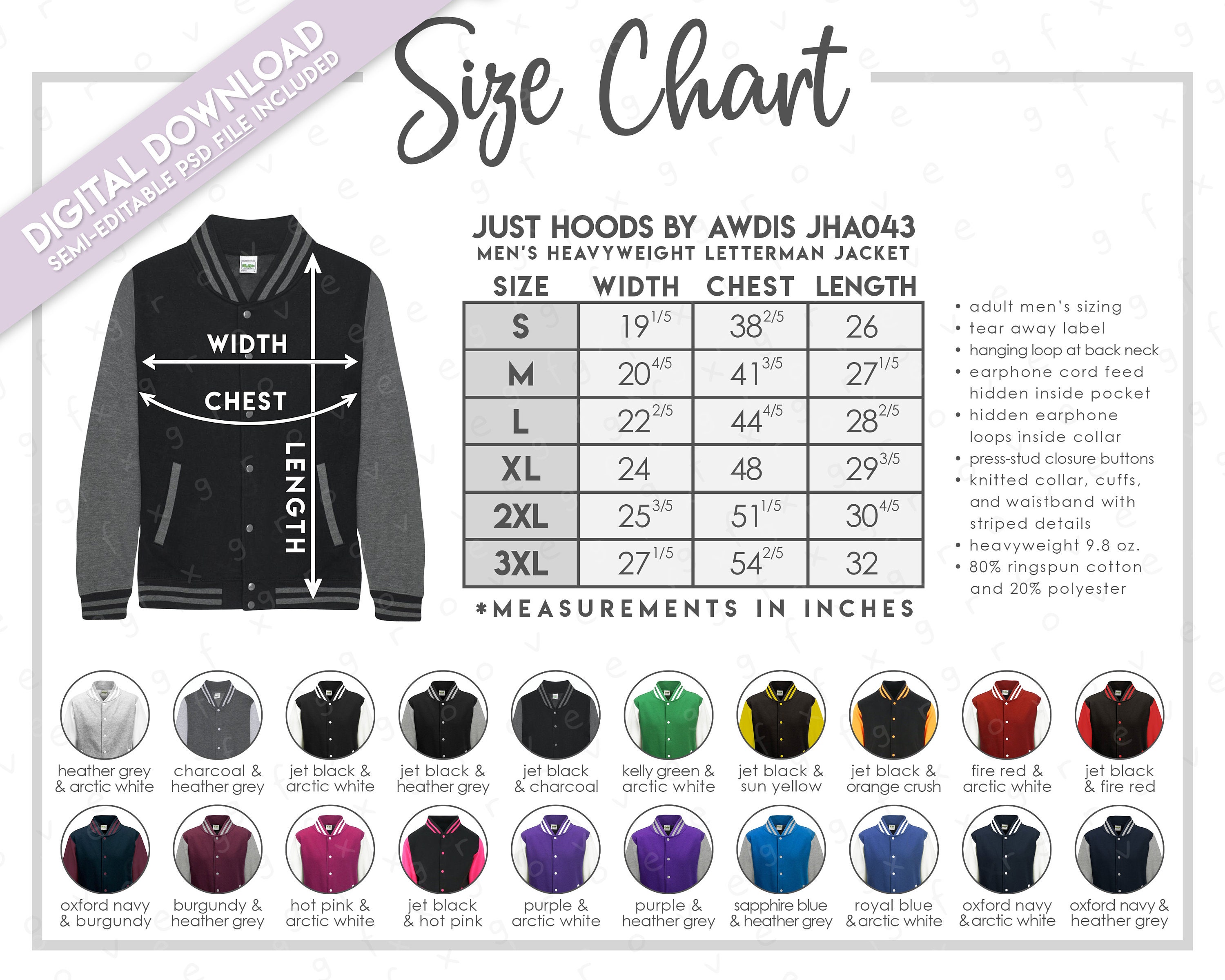 Semi editable Just Hoods by Awdis JHA043 Size Color Chart Men s Letterman Jacket Size Chart Awdis JHA043 Size Chart Etsy UK