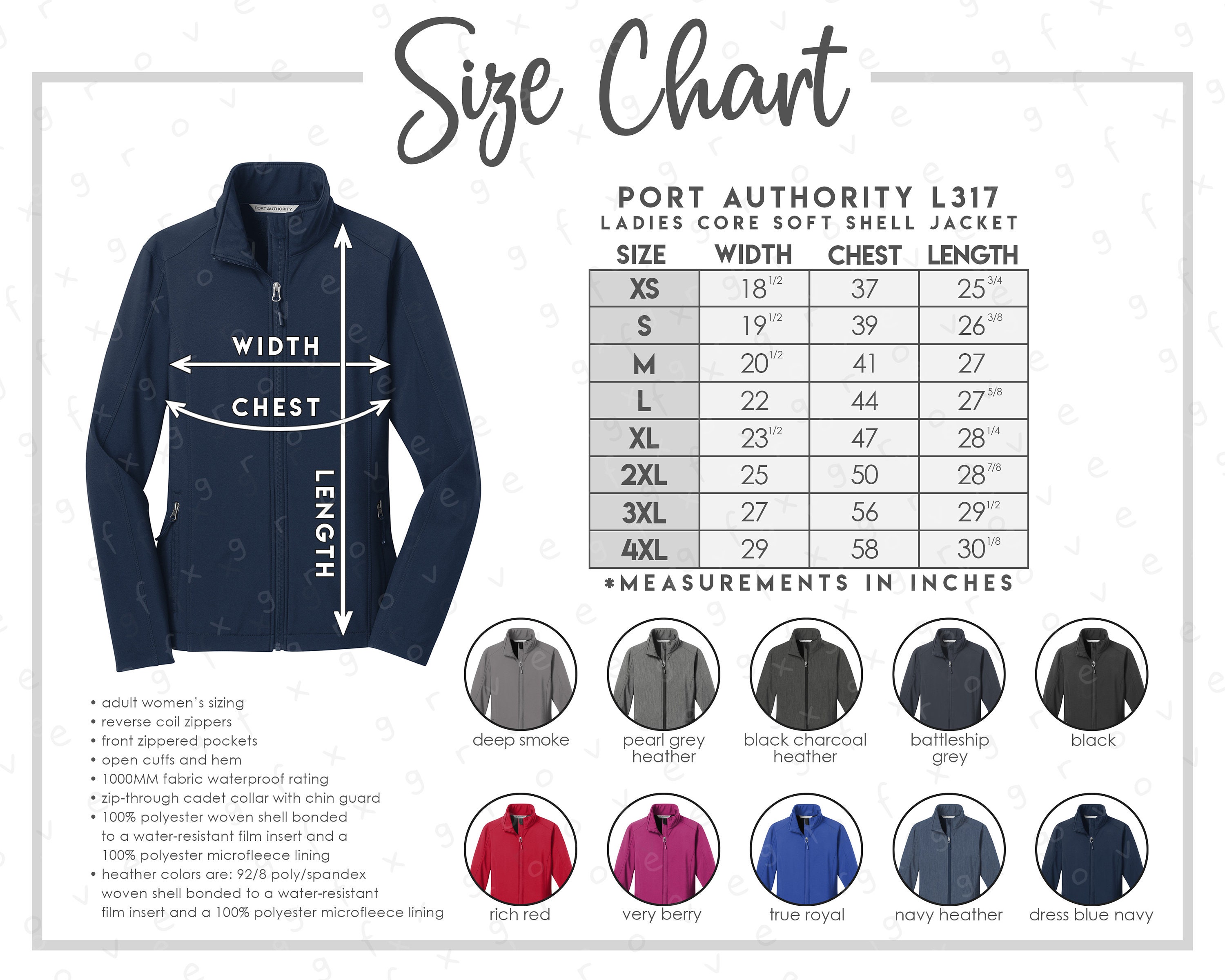 Port Authority L317 Size + Color Chart • Port Authority Women's Core Soft  Shell Jacket Size Chart • Port Authority Ladies Jacket