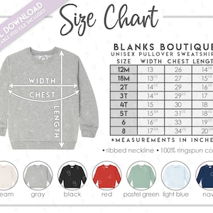 Semi-Editable Blanks Boutique Unisex Pullover Sweatshirt Size + Color Chart • Blanks Boutique Boys Sweatshirt Size Chart • PSD