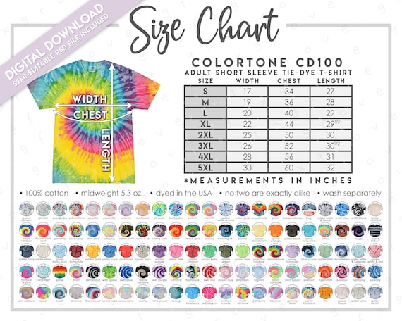 Semi-editable Colortone CD100 Size + Color Chart • Adult Unisex