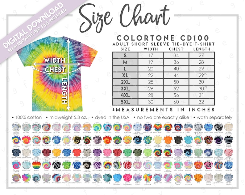 Pu&ograve; includere: Tabella delle taglie per t-shirt tie-dye a maniche corte per adulti. La tabella mostra le misure in pollici per larghezza, petto e lunghezza per le taglie S a 5XL. La tabella &egrave; etichettata "ColorTone CD100".