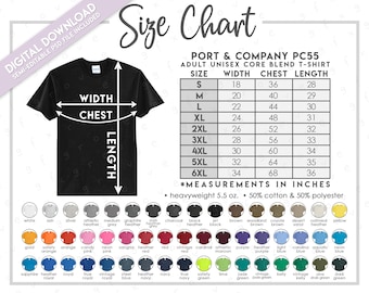 Semi-Editable Port & Company PC55 Size + Color Chart • Adult Unisex Core Blend Tee Size Chart • PC 55 Size Chart • PC55 Color Chart