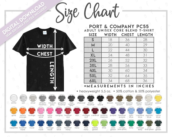 Semi-editable Port & Company PC55 Size + Color Chart • Adult