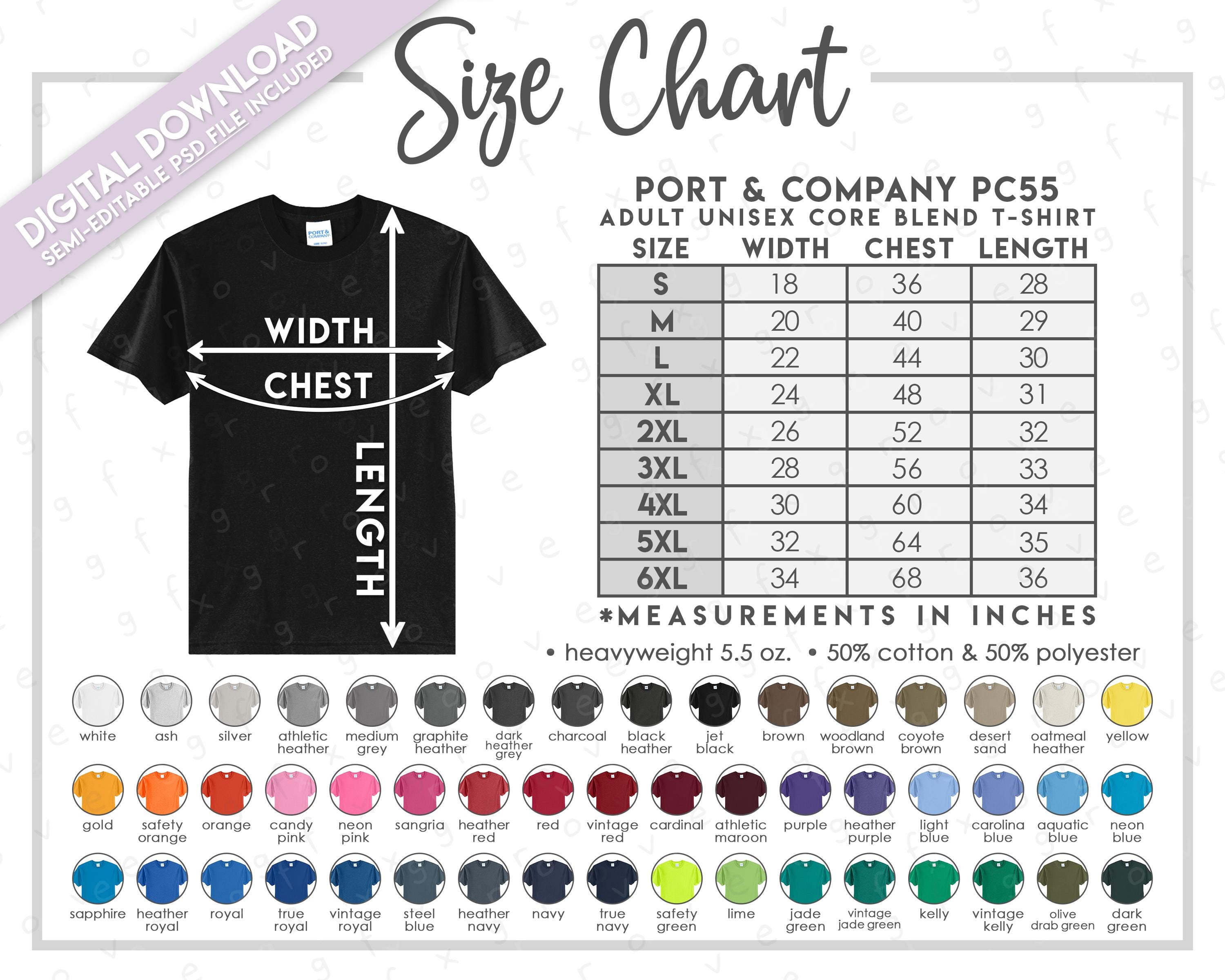 チャートギャラリー　ChartGalleryStandard 5 Semi-editable Port & Company PC55 Size + Color Chart • Adult