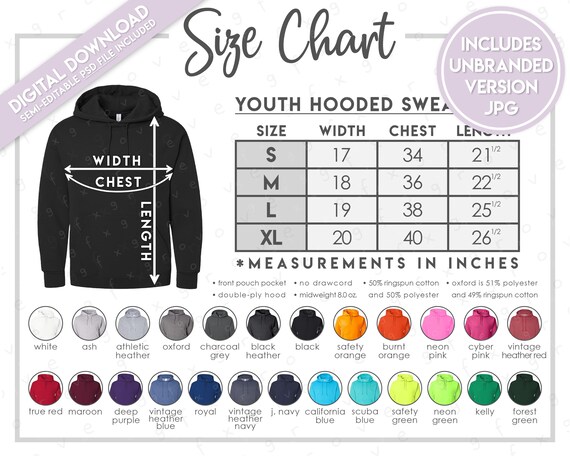 Semi-editable Jerzees 996YR Size + Color Chart • Jerzees Youth