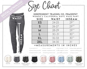 Independent Trading Co. PRM20PNT Size + Color Chart • Independent Trading Company Women's California Wave Wash Pant • PRM20PNT Size Chart