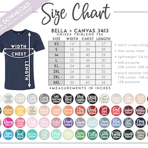Tabla de tallas y colores Bella + Canvas 3413 semieditable • Tabla de tallas de camisetas triblend Bella Canvas • Tabla de colores de camisetas Bella Canvas • 3413C