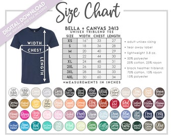 Semi-éditable Bella + Canvas 3413 - Tableau des tailles + couleurs • Tableau des tailles du t-shirt Bella Canvas Triblend • Tableau des couleurs du t-shirt Bella Canvas • 3413C