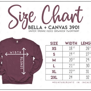 Bella + Canvas 3901 Size Chart • Bella Canvas Crewneck Sweatshirt Size Chart • Bella Canvas Sweatshirt Size Chart • BC3901