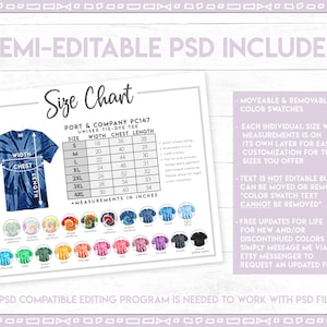 Op de afbeelding: Een maattabel voor unisex tie-dye T-shirts met metingen in inches. De tabel toont de breedte, borst en lengte metingen voor maten S tot en met 4XL. De afbeelding bevat ook een verscheidenheid aan kleurstalen voor de T-shirts.