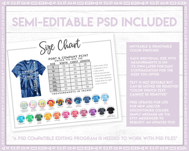 Op de afbeelding: Een maattabel voor unisex tie-dye T-shirts met metingen in inches. De tabel toont de breedte, borst en lengte metingen voor maten S tot en met 4XL. De afbeelding bevat ook een verscheidenheid aan kleurstalen voor de T-shirts.