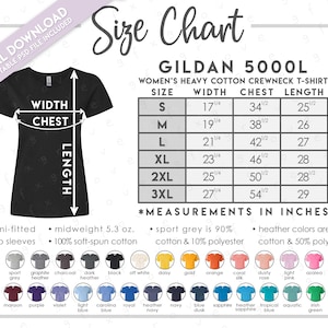 Tabla de tallas semieditable G500L + Tabla de colores • Tabla de tallas de camisetas de algodón grueso para mujer • Tabla de colores de camisetas 5000L • G500L • PSD