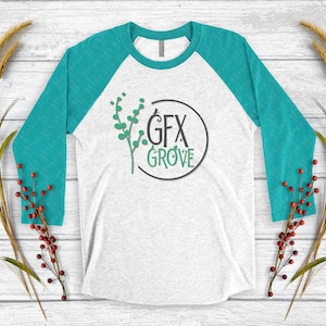 May include: A white and teal baseball tee shirt with a green plant graphic and the text "GFX GROVE" in a circle.