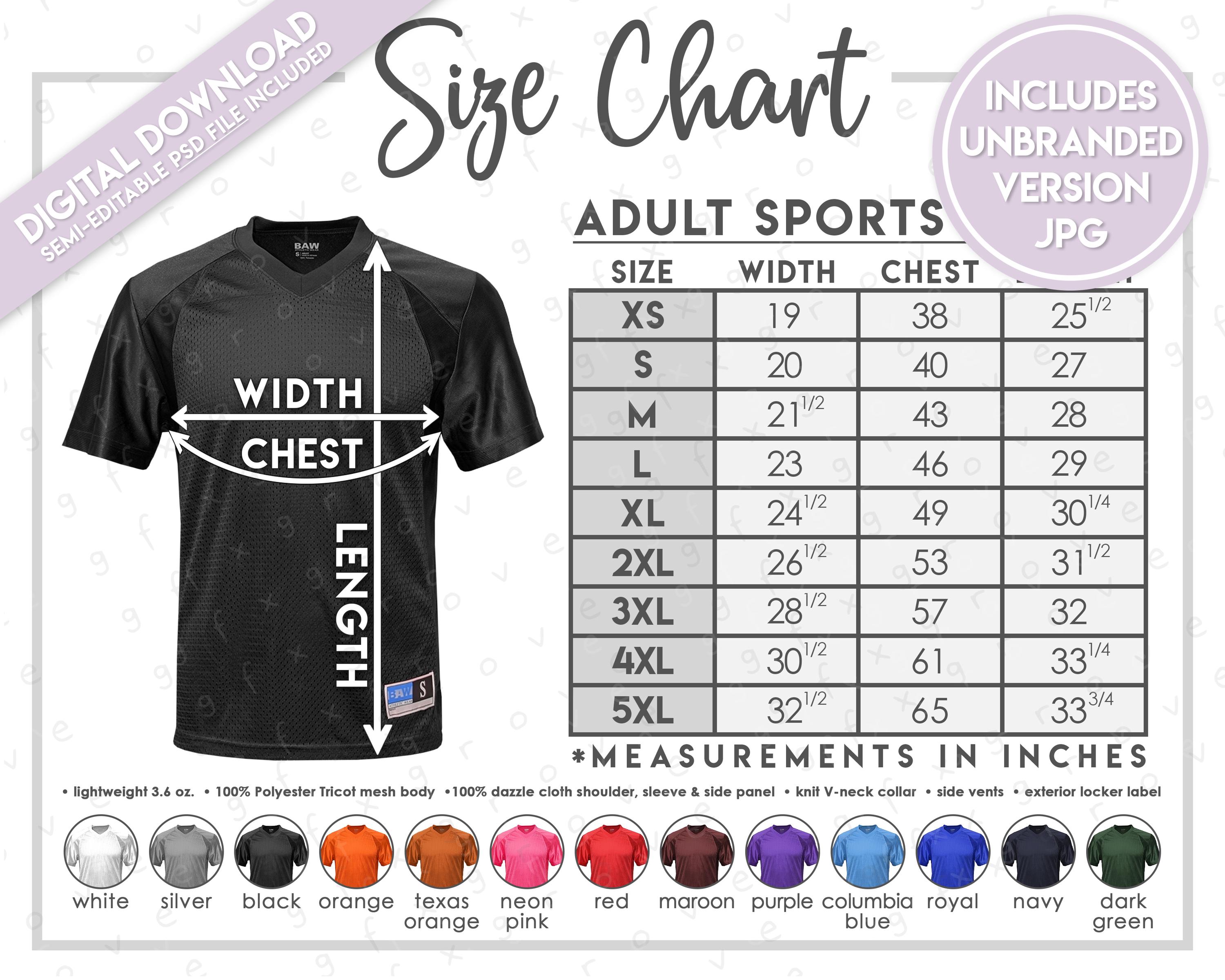Semi-editable BAW Athletic Wear S1960 Size Chart + Color Chart 