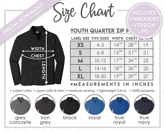 Semi-editable Sport-tek YST357 Size Chart + Color Chart • Sport