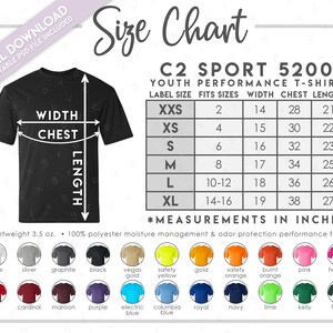 May include: Size chart for youth performance t-shirts from C2 Sport. The chart shows label size, fits sizes, width, chest, and length in inches. The chart includes sizes XXS to XL. The chart also shows a black t-shirt with measurements labeled.