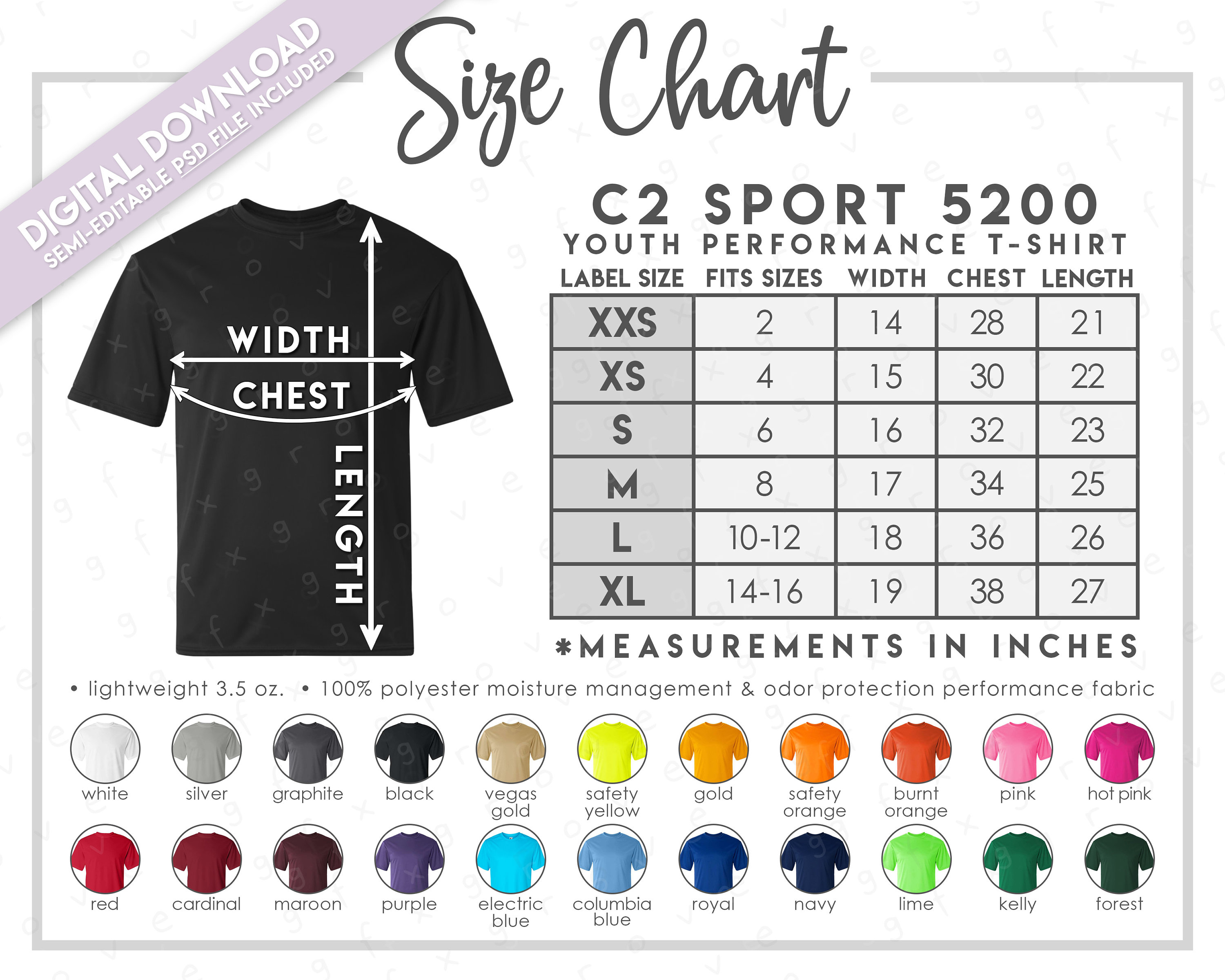 Semi-editable C2 Sport 5200 Size + Color Chart • C2 Youth