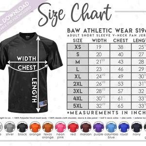 Puede incluir: Camiseta deportiva negra con una tabla de tallas. La tabla enumera las medidas en pulgadas para el ancho, el pecho y la longitud, que van desde la XS hasta la 5XL. La camiseta tiene cuello en V y es de tejido de malla.