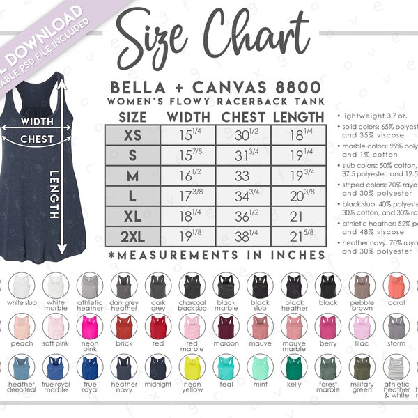 Semi-Editable Bella + Canvas 8800 Size + Color Chart • Bella Canvas Women's Flowy Racerback Tank Top Size Chart • BC8800 Size Chart