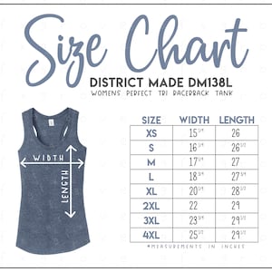 May include: Size chart for a women's racerback tank top, showing measurements in inches for width and length. Sizes range from XS to 4XL.
