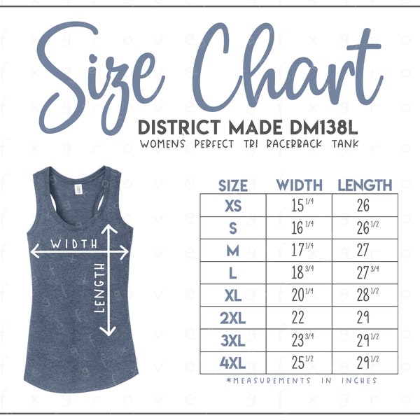 District Made DM138L Size Chart • District Made Women's Perfect Tri Racerback Tank Size Chart • District Made Tank Top Size Chart • DM138L