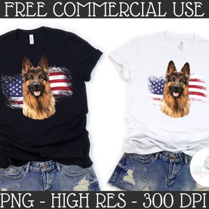 May include: Two t-shirts, one black and one white, each featuring a German Shepherd dog with a distressed American flag design. The dog has brown and black fur. The text "* FREE COMMERCIAL USE *" is at the top.