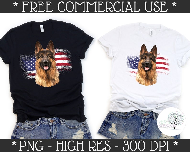 May include: Two t-shirts, one black and one white, each featuring a German Shepherd dog with a distressed American flag design. The dog has brown and black fur. The text "* FREE COMMERCIAL USE *" is at the top.