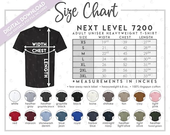 Semi-Editable Next Level 7200 Size + Color Chart • Next Level Unisex Heavyweight Cotton T-Shirt Size Chart • NL7200  • 7200 Color Chart