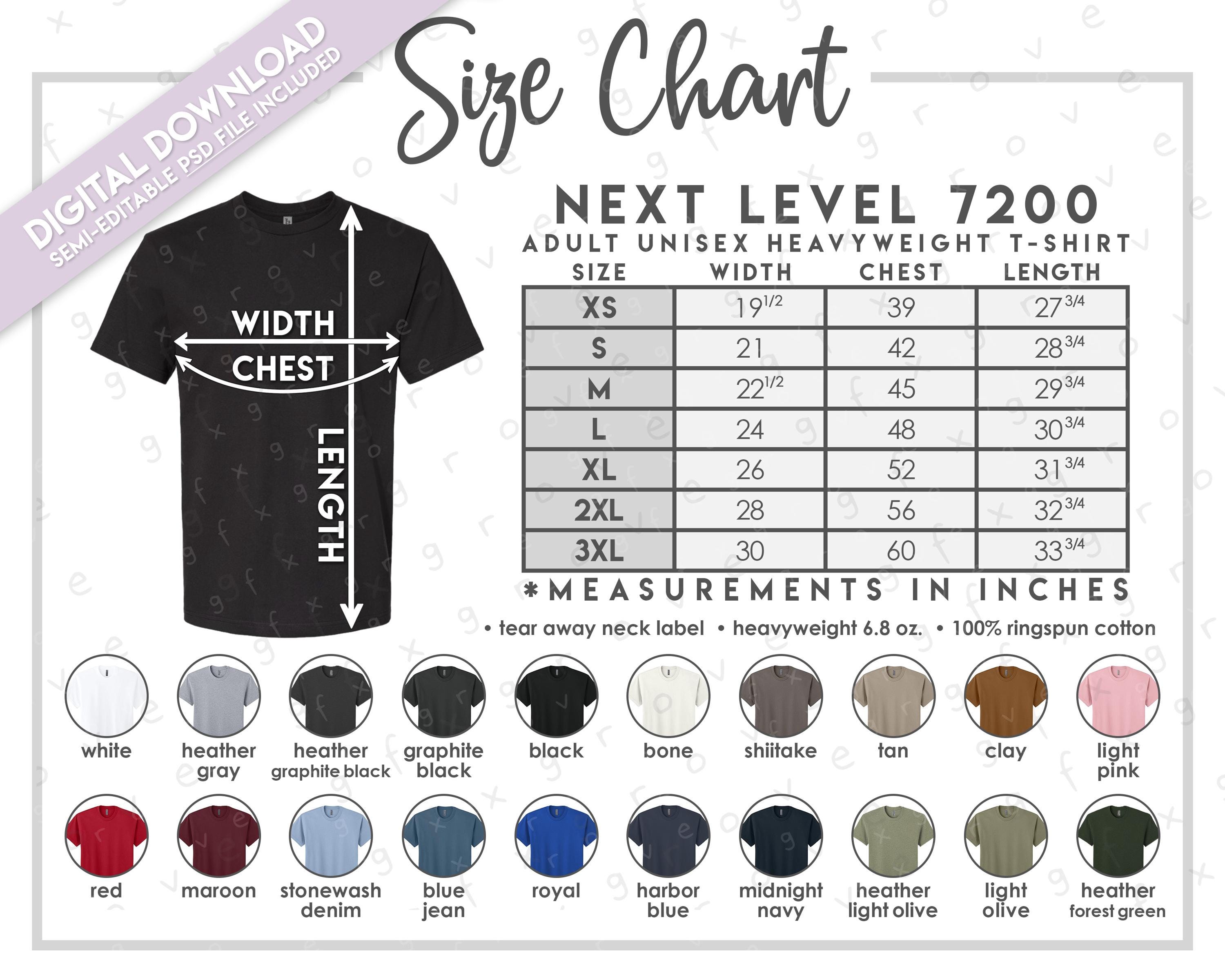 Semi-editable Next Level 7200 Size + Color Chart • Next Level