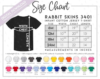 Semi-Editable Rabbit Skins 3401 Size + Color Chart • Rabbit Skins Infant Cotton Jersey T-Shirt Size Chart • Baby TShirt Color Chart • RS3401