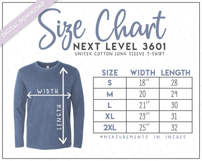 Next Level 3601 Size Chart Next Level Unisex Cotton Long - Etsy