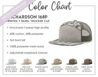 Tabla de colores semieditable Richardson 168P • Tabla de colores de gorras de camionero de 7 paneles impresas Richardson • Guía de colores de gorras de camionero Richardson