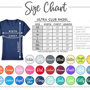 Tabla de tallas y colores de Ultra Club 8420L • Camiseta deportiva de rendimiento Ultra Club Cool & Dry para damas • Tabla de tallas 8420L • 8420L