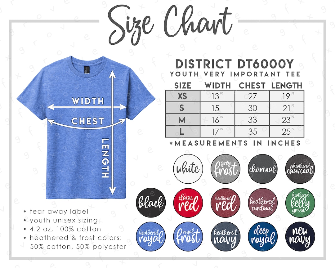 District DT6000Y Size Color Chart District Youth Very Important Tee ...