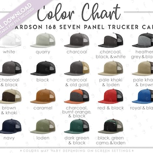 Peut inclure: Un nuancier pour casquettes trucker sept panneaux Richardson 168, présentant vingt variantes en couleurs unies et combinaisons multicolores incluant blanc, anthracite, noir, gris chiné, kaki, marron, rouge, bleu roi, marine, loden et camouflage.