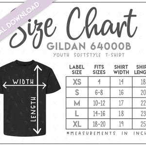Gildan 64000B Größentabelle (2 Versionen enthalten) • Gildan Jugend Softstyle T-Shirt Größentabelle • G640B Größentabelle • 64000B Größentabelle