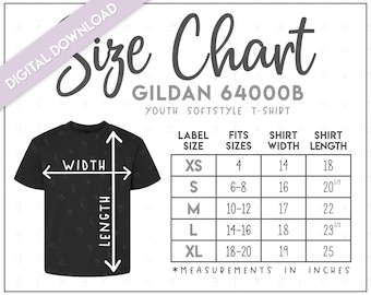 Gildan 64000B Size Chart (2 versions included) • Gildan Youth Softstyle T-Shirt Size Chart • G640B Size Chart • 64000B Size Chart