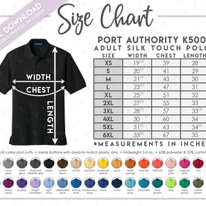 Semi-Editable Port Authority K500 Size + Color Chart • Port Authority Silk Touch Polo • Port Authority K 500