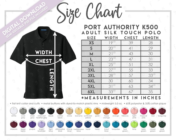 Semi-editable Port Authority K500 Size + Color Chart • Port