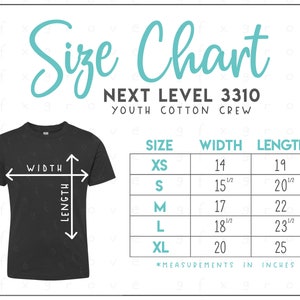 May include: Size chart for youth cotton crew t-shirts from Next Level Apparel, style 3310. The chart shows sizes XS through XL with corresponding width and length measurements in inches.