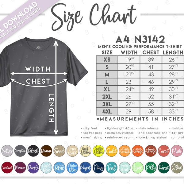 Semi-Editable A4 N3142 Size + Color Chart • A4 Cooling Performance T-Shirt • N3142 Color Chart • N3142 Size Chart • A4 Performance