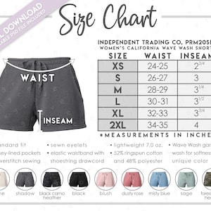 May include: Size chart for women's California Wave Wash Shorts by Independent Trading Co. The chart shows sizes XS to 2XL with corresponding waist measurements in inches from 24-25 to 34-35 and inseam measurements in inches from 2 3/4 to 4. The chart also includes details about the fabric composition and garment care.