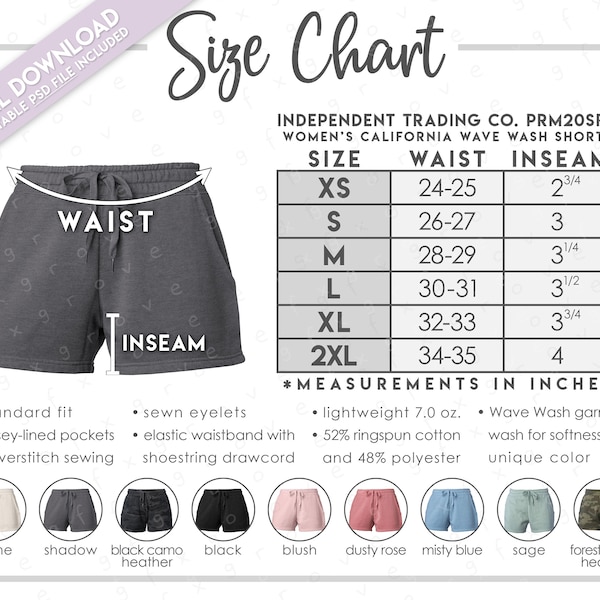 Independent Trading Co. PRM20SRT Size + Color Chart • Independent Trading Company Women's California Wave Wash Shorts • PRM20SRT Size Chart