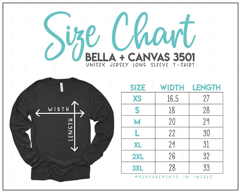 Bella Canvas 3501 Size Chart Bella Canvas Long Sleeve | Etsy