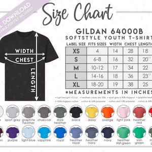Semi-editierbare Gildan 64000B Größentabelle + Farbtabelle • Gildan Softstyle Jugend T-Shirt Größentabelle • 64000B T-Shirt-Farbtabelle • G640B