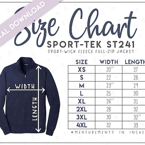 Sport-Tek ST241 Size Chart • Sport-Tek Sport Wick Fleece Full Zip Jacket • Sport Tek Jacket • Sport Tek ST 241