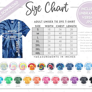 Op de afbeelding: Maattabel voor unisex tie-dye T-shirts voor volwassenen. De tabel toont de afmetingen in inches voor breedte, borst en lengte voor maten S tot en met 4XL. De tabel bevat ook informatie over de stof en het tie-dye proces. De afbeelding toont een verscheidenheid aan tie-dye kleuren en patronen.